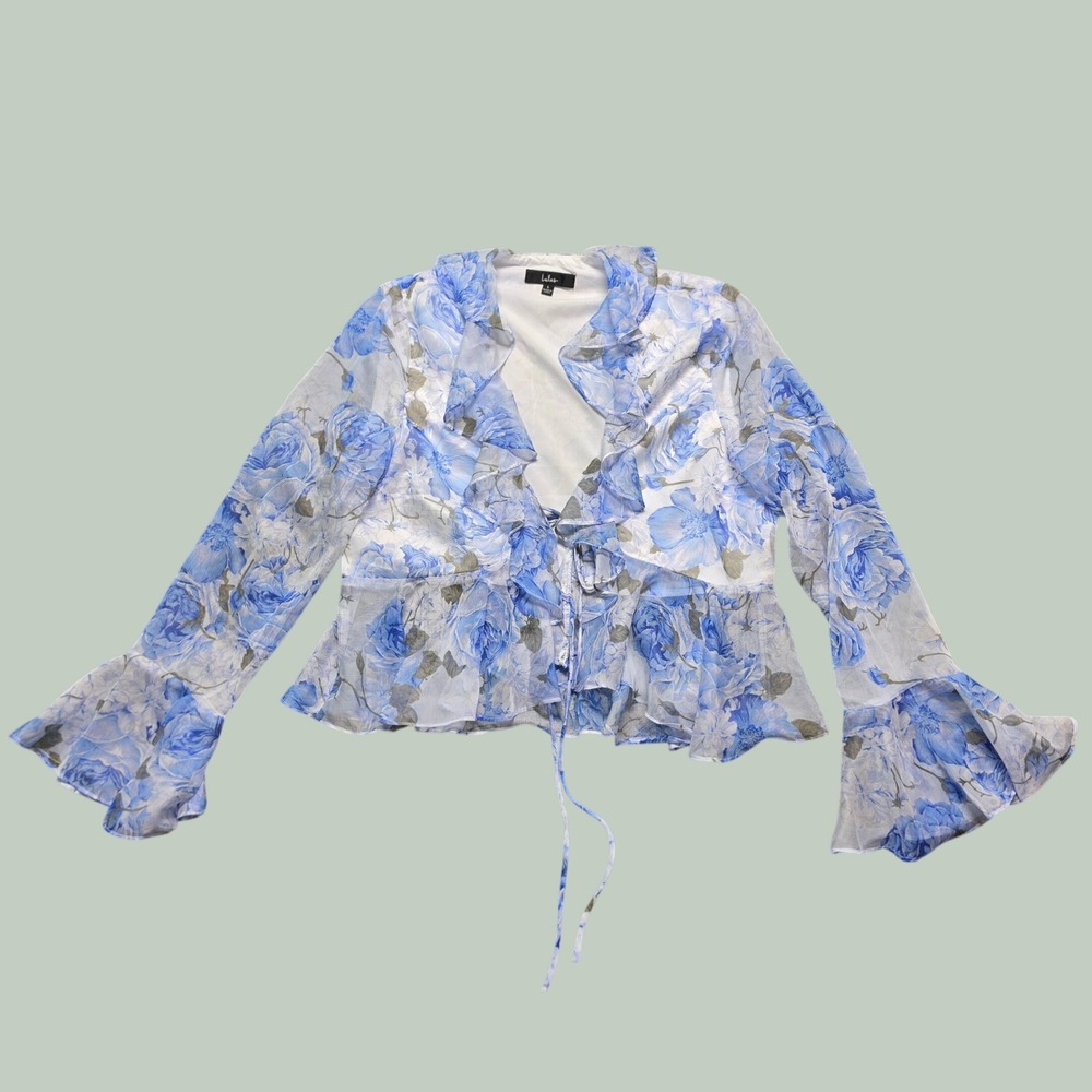 Romantic Cottagecore Floral Ruffle Tie Front Bell Sleeve Top Womens L Blue Lulus